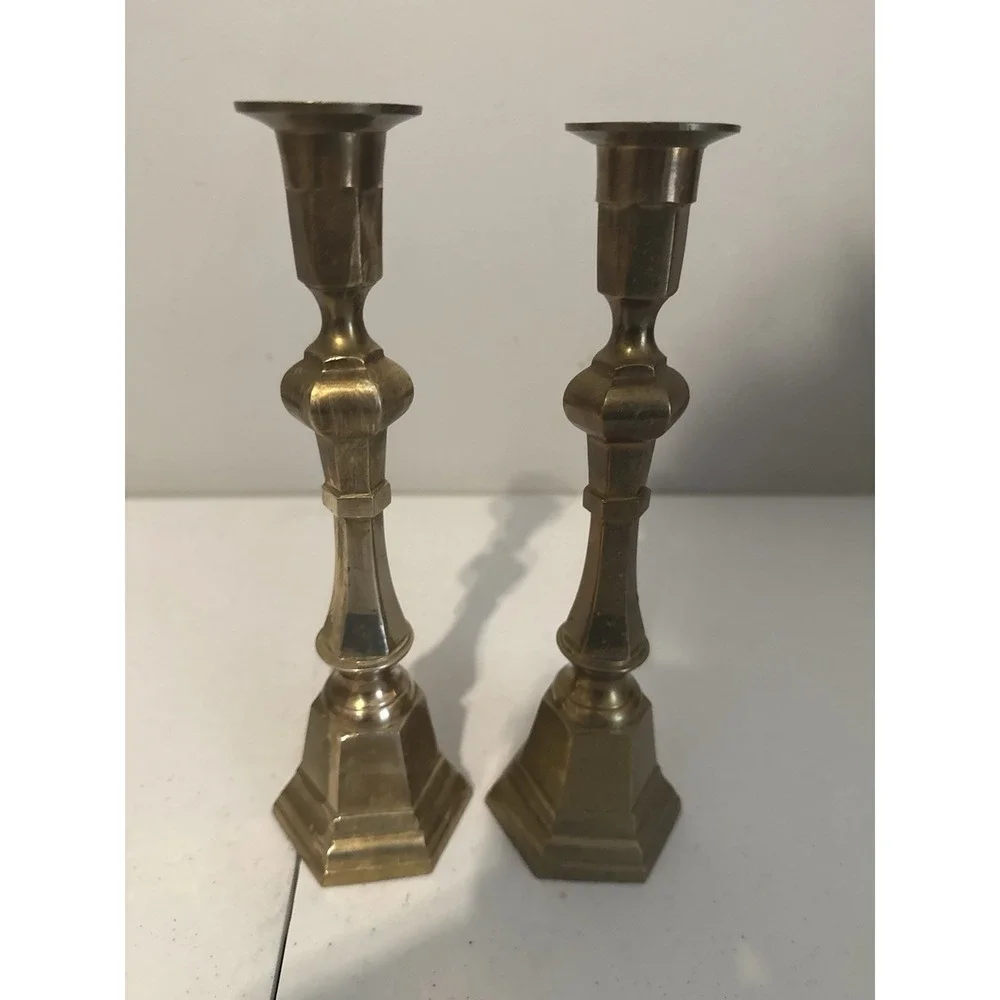 Vintage Pair‎ Faceted Brass Candlesticks Patina